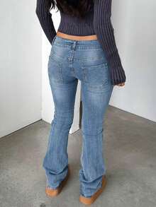 Quần jeans ống loe cạp thấp phong cách đường phố Y2K (phong cách thường ngày) - Rửa trung bình - Xem 2