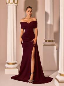 Elisanya Off Shoulder V-Neck High Waist Long Chiffon Slit Backless Formal Dress For Gala, Party, Evening - Burgundy - View 3