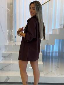 Simple Elegant Casual Linen Pocket Shirt Short Set Women Winter Summer - 鏽棕色 - 查看 3