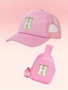 2pcs/Set Girls Letter Graphic Baseball Cap And Bag, Breathable Design For Daily Wear And Outdoor Activities - Pink - View 52