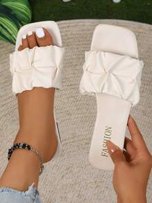 Women's New Elegant Graceful Pleated Slip-On Sandals, Cute Lightweight Flat Slide Sandals For Beach, Vacation & Casual Wear, Fashion Open Toe Summer Slippers - White - View 7