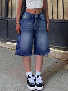 1 pièce Short en jean droit couleur unie décontracté pour femme, pantalon lâche élégant et polyvalent avec bouton et fermeture éclair, pour l'été/l'automne
