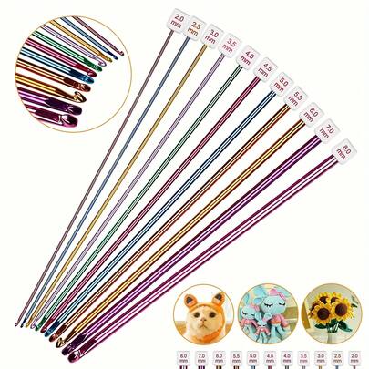 11件套突尼斯钩针，多色铝制钩针，2-8毫米长钩针套装，适合初学者（配件颜色随机）