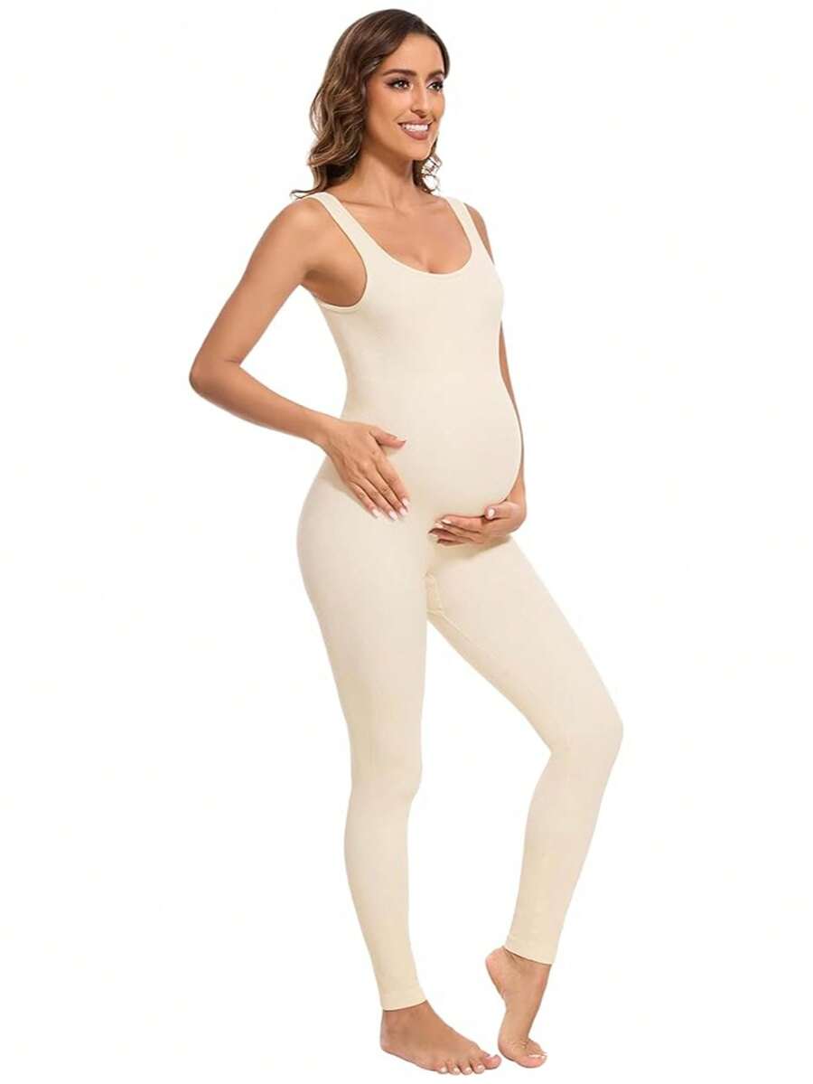 Soft Vintage Maternity Bodysuit - Short Sleeve Square Neck Romper Jumpsuit, High Stretch Pregnancy Shapewear, Photo Shoot Nursing Clothes, Casual Wear & Maternity Photoshoot Outfit For Women - Beige - View 1