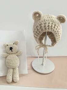Set di cappellini da bebè a forma di orsacchiotto, accessori per fotografia neonati, giocattoli, cappelli in maglia per neonati, bambola da posa per servizi fotografici di bambini e bambine