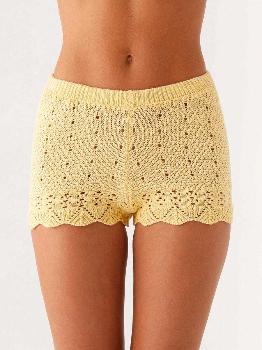 Women Knit Shorts, Elastic Waist Hollowed Solid Slim Fit Summer Shorts Casual Shorts - Màu vàng - Xem 1