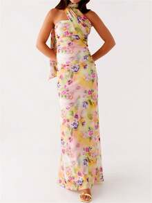 Women Maxi Dress With Choker Scarf Beach Vacation Dress Cocktail Party Long Dress Floral Print Bodycon Tube Dress Halter Dress Summer Sleeveless Backless Casual Strapless Elegant Dress Wedding Guest Dress For Birthday Evening Party Night Clubwear