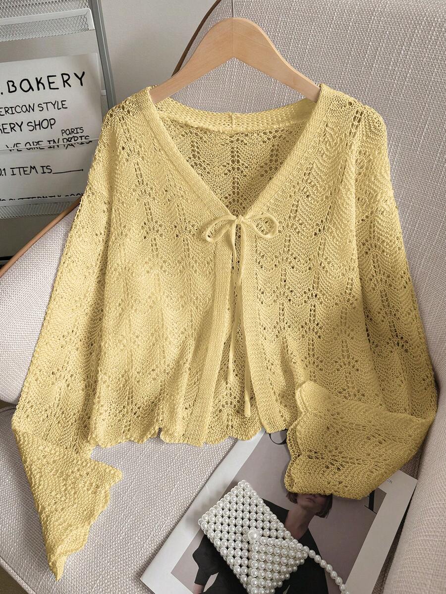女士沙滩罩衫 - 镂空针织上衣，配蝴蝶结，V领宽松落肩设计，钩针编织比基尼短款上衣，系带喇叭袖针织披肩，大码女童荷叶边针织罩衫，春夏秋季 - 黃色 - 查看 1
