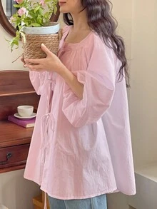 女士宽松多色蝴蝶结领衬衫，配蝴蝶结吊带，春季学生装必备单品 - 淺粉色 - 查看 8