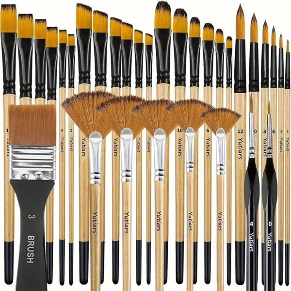 32-Piece Set Of Nylon Paintbrushes - Round, Hazelnut, Flat, Fan, Angular And Detail Brushes, Suitable For Acrylic, Oil And Water Painting - Ideal For Artists And Beginners School Supplies,Back To School