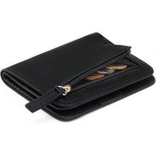 Women's Wallet Leather Compact Bi-Fold Wallet For Woman Zipper Coin Pocket Small Ladies Purse With ID Window - Black - View 2