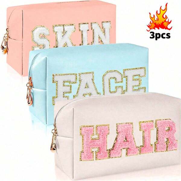 3PCS Travel Accessories Makeup Bag Ladies' Travel Makeup Bag, College Style Makeup Bag, Letter Makeup Bag, PU Leather Travel Wash Bag, Ladies' Birthday Travel Gift Spring Break Essentials Travel Toiletry Bag Toiletry Bag Travel Size Toiletries Travel Essentials Wash Bag