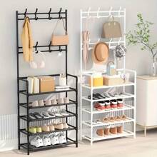 1pc Entry Coat Rack, 23.62" Wide Entryway Shoe Rack, Free Standing Clothes Hanger With 4/5 Tier Storage Shelves And 8 Double Hooks, Organizer For Living Room, Bathroom, Hallway (Self-Assembly Required)