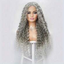 Parrucca sintetica lunga e riccia, in colore grigio argento sfumato, con base in pizzo, parrucca sintetica con linea naturale dei capelli, 26 pollici, radice scura con grigio