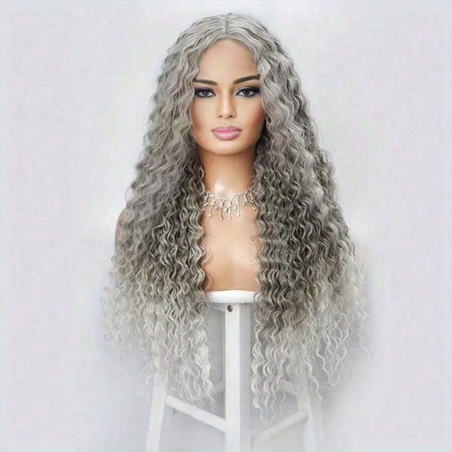 Parrucca sintetica lunga e riccia, in colore grigio argento sfumato, con base in pizzo, parrucca sintetica con linea naturale dei capelli, 26 pollici, radice scura con grigio