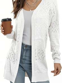 Leichte Strickjacke aus Spitze für Damen, weiche lange Ärmel, vorne offen, Strandüberzug, einfarbiger Sonnenschutz für Damen, Sommer, Cut Out