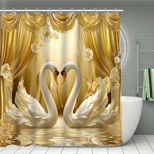 [1/4pcs Gold Shower Curtain] 1/4pcs Gold 3D Swan Printed Shower Curtain Set | Bathroom Decor Set, Non-Slip Bath Mat, Toilet Seat Cover, Bath Rug, 12pcs Plastic Hooks, Bathroom Accessories, Home Decor Back To School