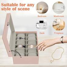 Ogrmar 12 Slot PU Leather Lockable Watch Storage Boxes, Men & Women Jewelry Display Drawer, 2-Tier Organizer Watch Showcase With Glass Lid (White) - Pink - View 6