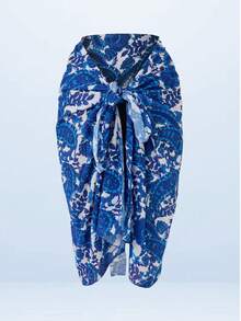 MADE IN TURKEY Patterned Knot Side Beach Cover Up – 75x140 Cm – Lightweight Printed Swim Sarong Wrap - Dusty Blue - View 2