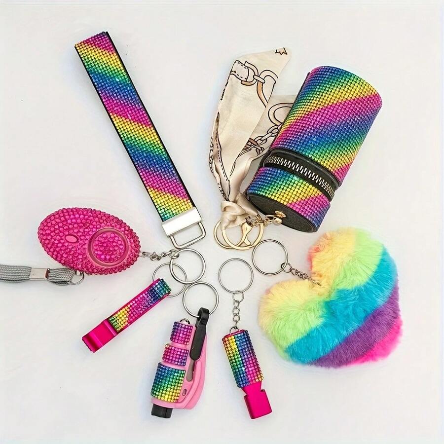 7Pcs Rainbow Bling Safety Keychain Set For Women Rhinestone Bling Women Self-Defense Keychains Sets Personal Security Product Accessories - 紅色 - 查看 1