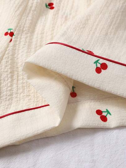 Bubble Textured Cherry Print Sleepwear Set Women Short Sleeve Button Collar Top Shorts Pants view 4