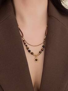 1 件虎眼石吊坠多层项链，适合女士，休闲百搭日间佩戴颈链 - 雙層皮質鏈條 - 查看 7