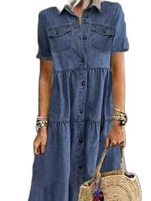 Women's Plus Size Denim Dress Short Sleeve Turn Down Collar Button Front Loose Swing Jean Dress - Màu xanh lam - Xem 3