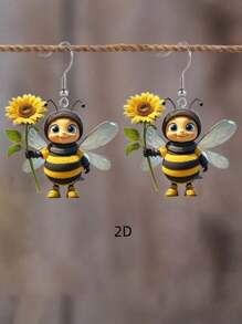 1 par de aretes creativos y lindos de abeja de acrílico sosteniendo un girasol, diseño de animal encantador como regalo para mujeres