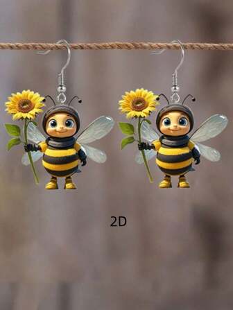 1 Pair Cute Hand-Holding Sunflower Bee Acrylic Dangle Earrings, Creative Animal Design Earrings Gift For Women