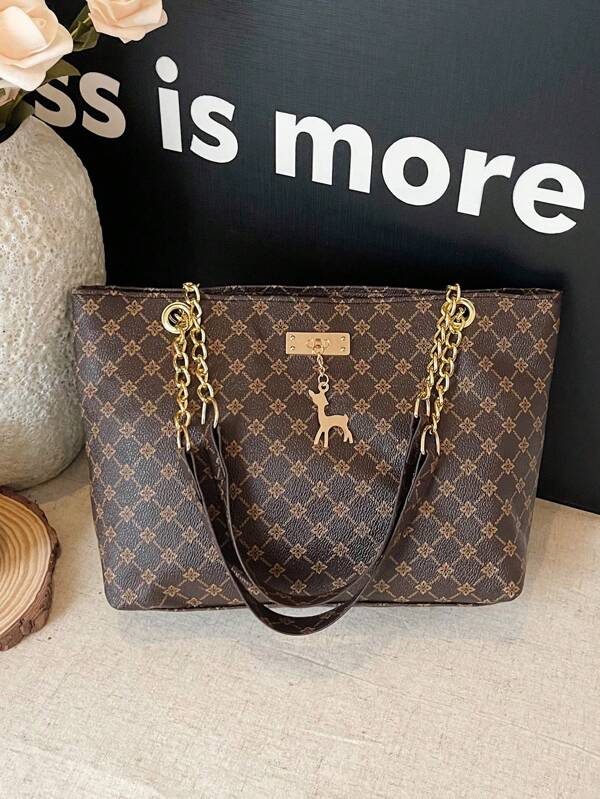 1pc Polyester Deer Decoration Large Capacity Zipper Closure Fashion Shoulder Tote Bag, Suitable For Women Daily Use