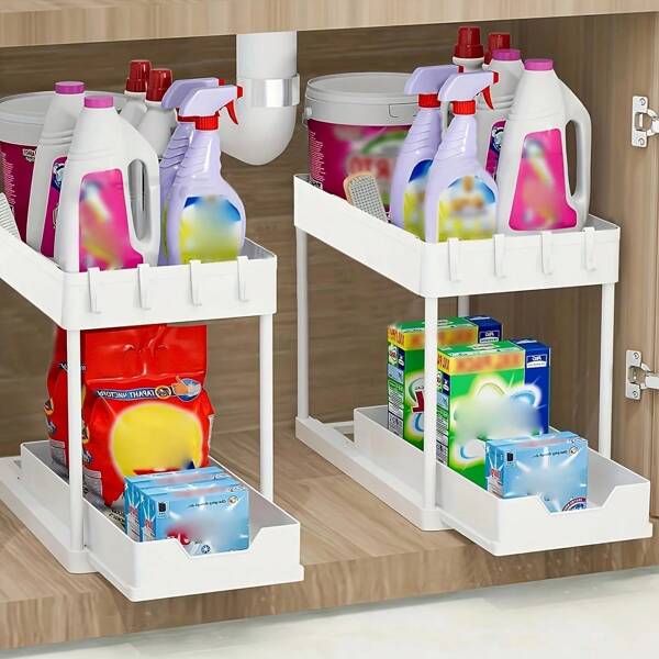 TAIMASI TAIMASI 2-Tier Under Sink Storage Organizer - 2pc Pull-Out Organizers With Slide Out Shelf And Metal Sliding Drawer For Kitchen, Bathroom, Pantry Cabinet, And Closet Organization - Space-Saving Solution For Maximizing Storage Capacity
