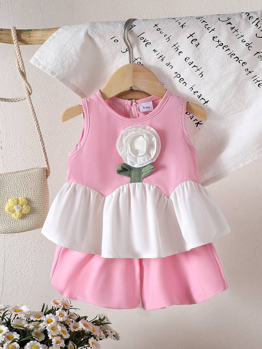 2pcs Toddler Girls Cute Vacation Style Vest Top + Shorts Set, Lightweight For Summer