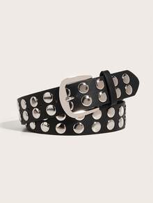 1pc Women's Dark Western-Style Wide Cinch Belt With Heavy Rivet Decor - Black - View 2