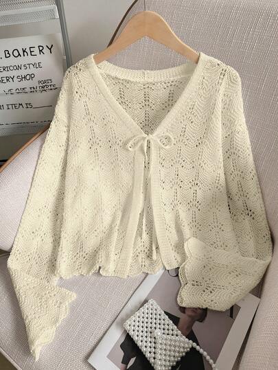 Women's Beach Cover Up Cover Up - Hollow Out Knitted Top With Bow Tie, V-Neck Loose Drop Shoulder Design, Crochet Bikini Crop Top, Tie Front Flare Sleeve Knit Shawl, Ruffle Hem Oversized Knitted Cover Up, Spring/Summer/Autumn