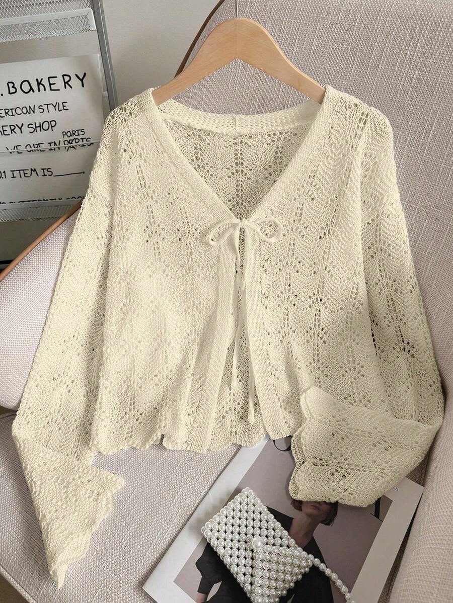 女士沙滩罩衫开衫 - 镂空针织上衣，配蝴蝶结，V领宽松落肩设计，比基尼女士钩针编织露脐上衣，系带喇叭长袖针织披肩，女童针织加大码荷叶边，春夏秋季 - 杏色 - 查看 1