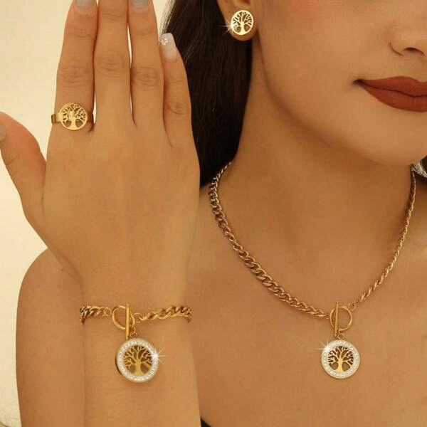 1 juego de collar, pulsera, pendientes y anillo con diseño hueco de árbol de la vida en acero inoxidable chapado en oro de 18K con cristal, joyería de estilo lujoso para uso diario que simboliza el crecimiento y la protección