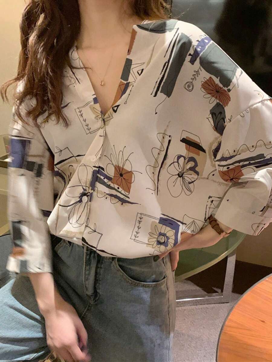 Áo sơ mi dài tay nữ tay lửng, họa tiết hình học trừu tượng, in ngẫu nhiên, cài cúc phía trước, thích hợp cho du lịch, mùa xuân/hè, đi nghỉ mát. - Màu be - Xem 1