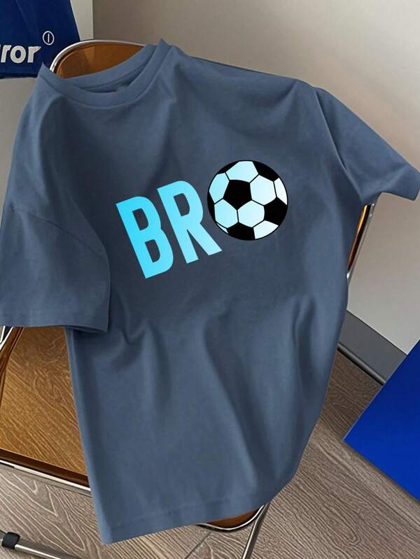 Tween Boy Bro Football Graphic Haze Blue Crew Neck Short Sleeve T-Shirt, Suitable For Tween Boys Summer Sports Tee For Football Lover Boys