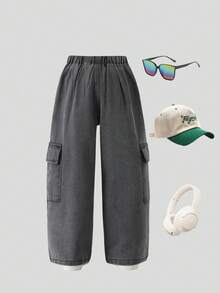 1pc Young Boy Street Casual Denim Jeans, Loose Wide Leg Cargo Design, Summer 2025 New Arrival - Dark Grey - View 7