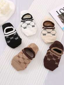 5 Pairs Women's Stripe & Letter Printed French Style Luxury Casual Boat Socks