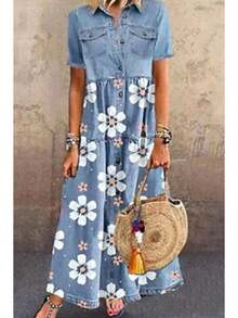 Women's Plus Size Denim Dress Short Sleeve Turn Down Collar Button Front Loose Swing Jean Dress - 花色 - 查看 2