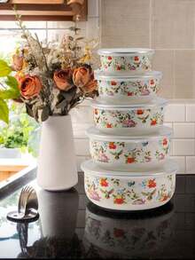 5个彩色搪瓷密封食品储物罐，尺寸分别为10/12/14/16/18厘米，包含带盖的水果蔬菜碗，适用于厨房、圣诞礼物、餐具套装、餐垫、餐具、厨房必备品、家居装饰、烹饪辅助用品，也适合情人节、斋月、开斋节、复活节等节日。 - 彩色 - 查看 4