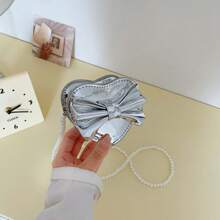 Holographic Pearl Strap Crossbody Bag With Bow & Heart Design, Girls Shoulder Bag