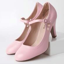 Women Cutout Mary Jane Mid Heels – Round Almond Toe Vintage Cone Heel Pumps With Ankle Strap For Spring Summer Weddings, Parties, Bridesmaids, Office & Everyday Wear [Size Up Half Size] - 玫瑰粉 - 查看 5