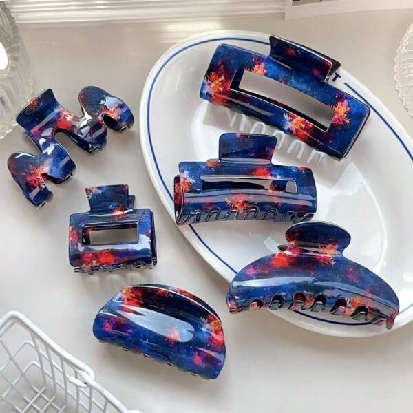 Accesorio para el cabello cuadrado de alta gama, pinza de uña de fuegos artificiales de estilo casual de EVA (acetato de etileno y vinilo) con estampado floral de Halloween, semicírculo azul de imitación de acetato, elegantes accesorios para el cabello de Halloween