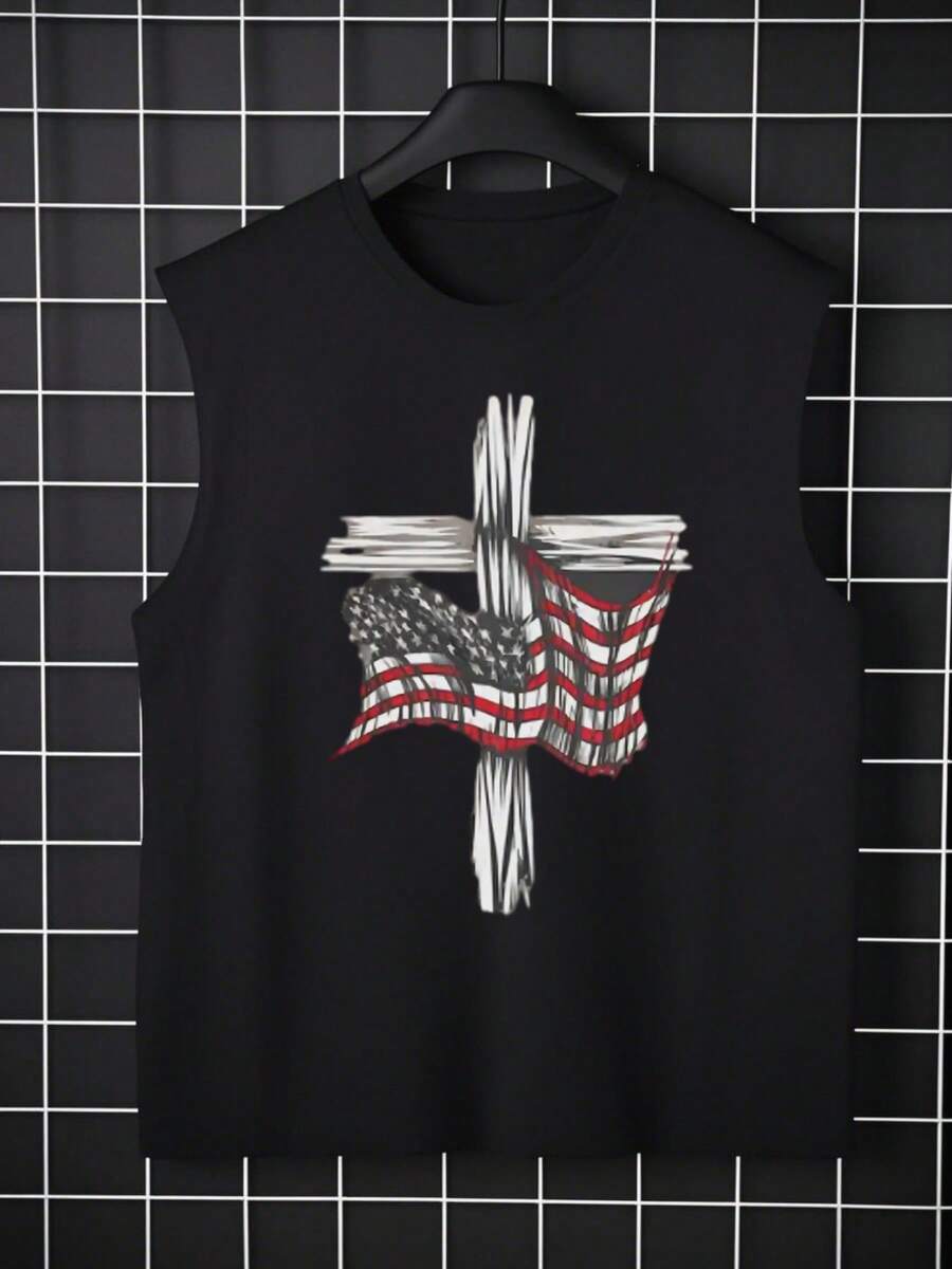1pcs American Flag Printed Men's Tank Tops Patriotic Men's Casual Tank Tops 100% Pure Cotton For Summer Casual Wear - Black - View 1