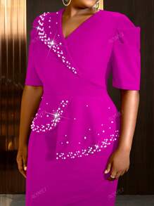 Plus Size Women's Turn-Down Collar Pearl Embellished Short Sleeve Fitted Dress