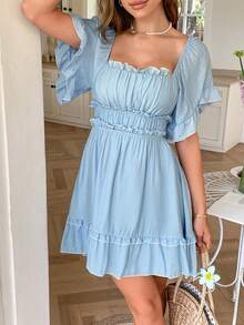 Women's Solid Color Bohemian Vacation Casual Contrast Ruffle Trim Short Sleeve Dress - Blue - View 1