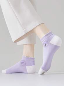 6 Pairs Light Purple Women's Socks, Rustic Style, Fashion Floral Women's Short Socks, Ankle Socks, Daily Casual Wear