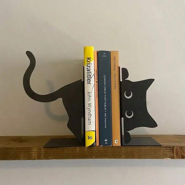 2pcs Iron Cat Shaped Bookends, Heavy Duty Metal Desk Bookends With Whimsical Cat Design, Decorative Bookends With Rounded Corners, Book Clamps, For Office, Library, Bookshelf Desk Decor